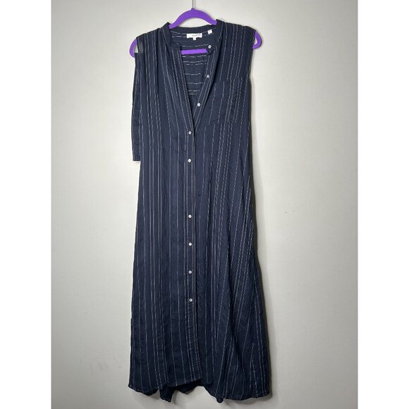Vince Navy Blue Striped Button Front Belted Maxi Shirtdress Women's Size Medium - Picture 1 of 10